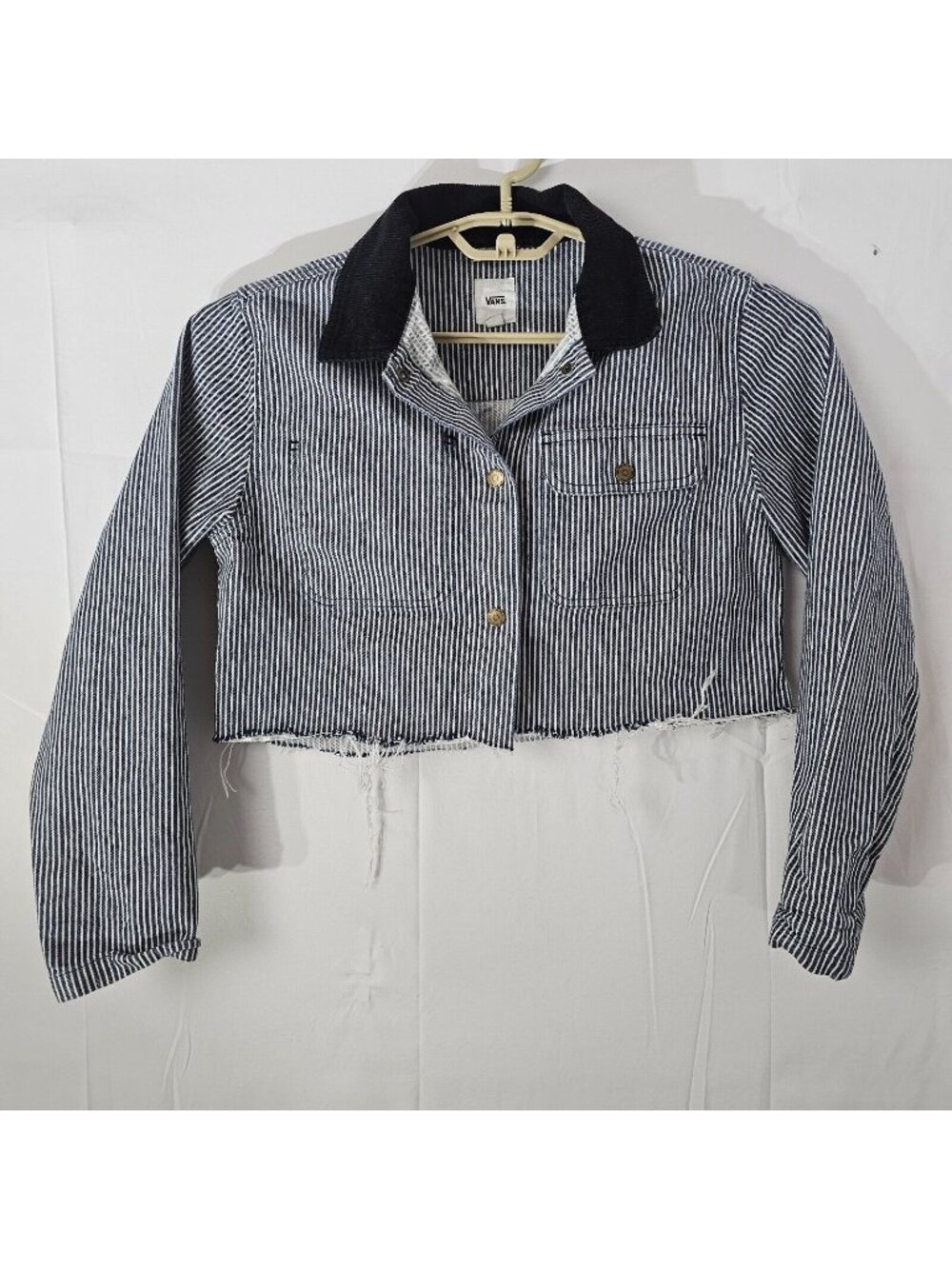Vans Cropped Jacket Womens XS Blue Stripe Workwear Style Raw Hem Button Front